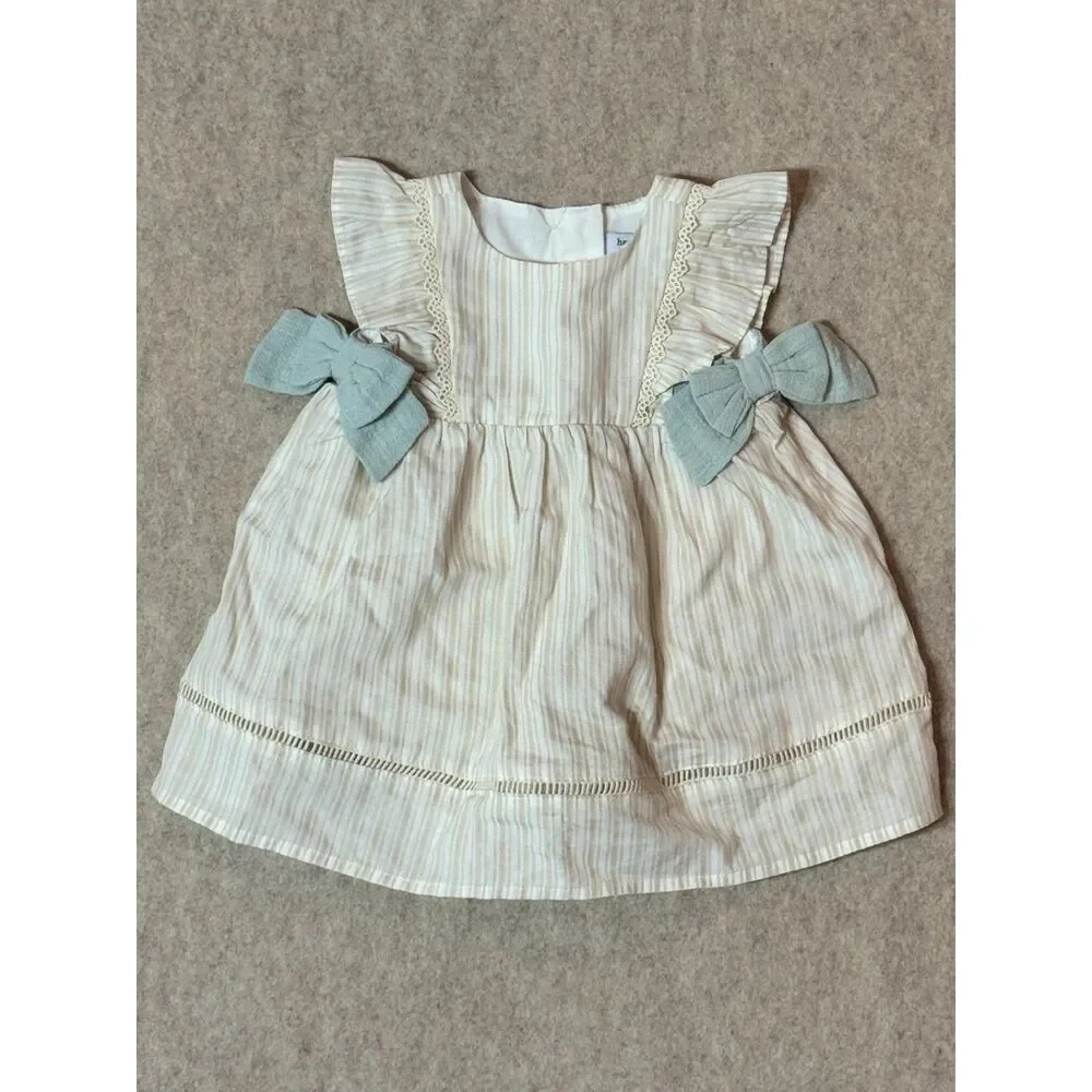 Haute Hippie Baby Girl Dress Bloomer Set 6-9M Beige Stripe Blue Bows Boutique